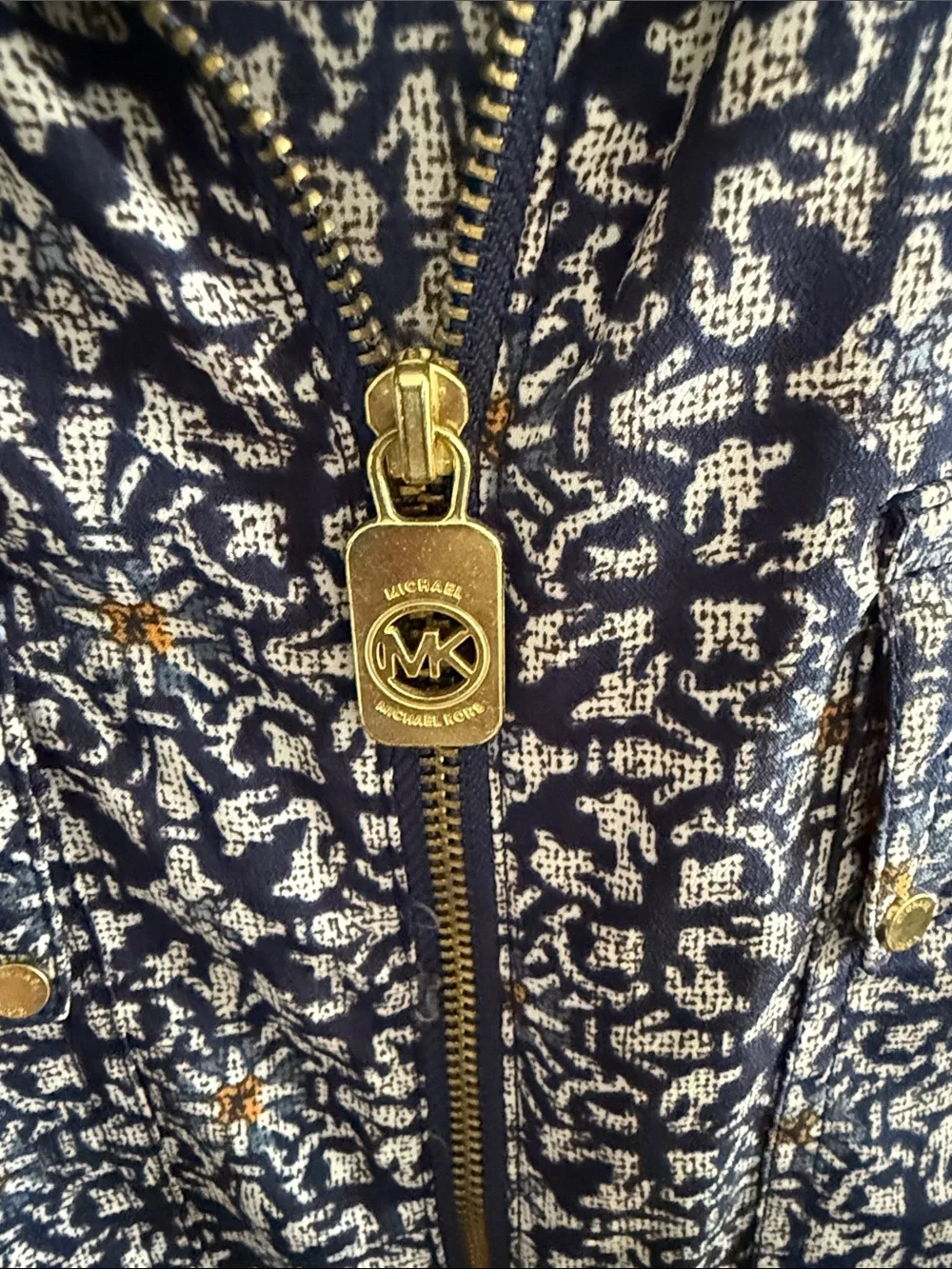 Michael Kors Navy and White Printed Zip-Front Blouse